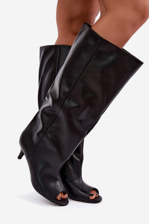 Knee-high boots with open toes on a slim heel in black faux leather Velise
