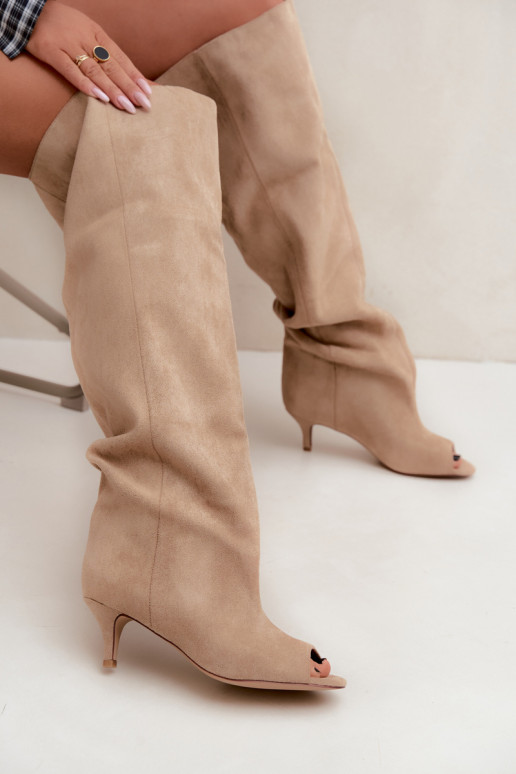 Knee-high boots with high shaft and open toes in sand Henya