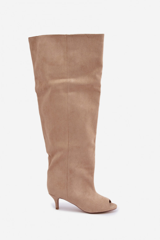 Knee-high boots with high shaft and open toes in sand Henya