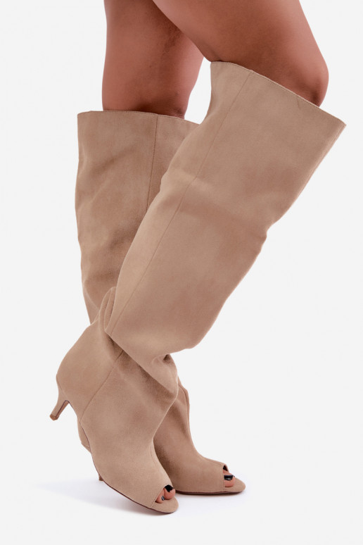 Knee-high boots with high shaft and open toes in sand Henya