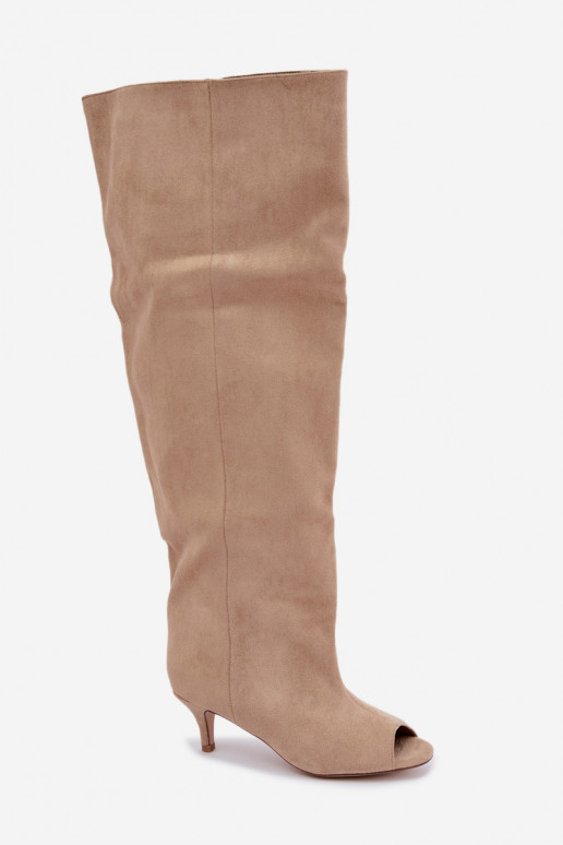 Knee-high boots with high shaft and open toes in sand Henya