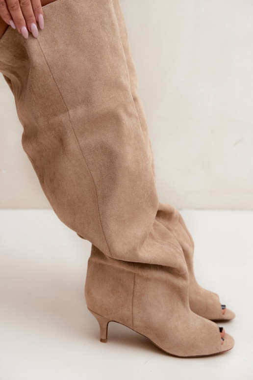 Knee-high boots with high shaft and open toes in sand Henya