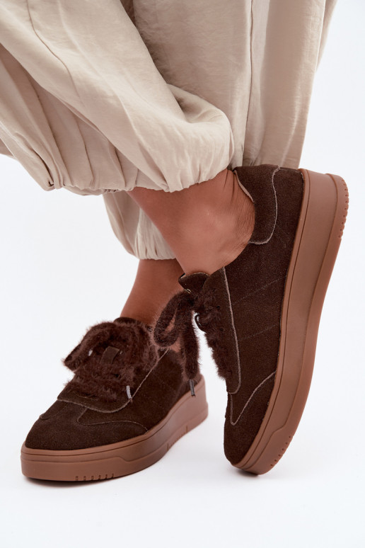 Faux suede sport shoes with fur and laces Kobbo 79655 chocolate
