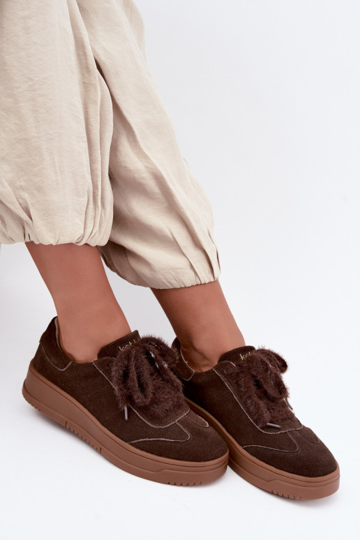 Faux suede sneakers with fur and laces Kobbo 79655 chocolate