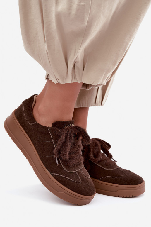 Faux suede sneakers with fur and laces Kobbo 79655 chocolate