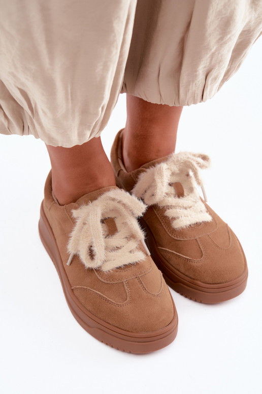 Faux suede sport shoes with fur and laces Kobbo 79655 brown