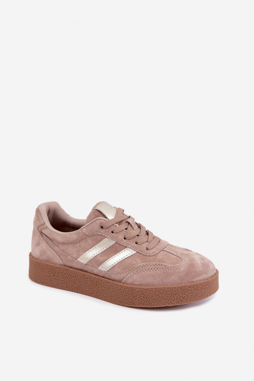 Leather women's sneakers with platform D&A LR62-7107 sand