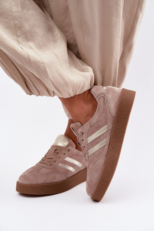 Leather women's sneakers with platform D&A LR62-7107 sand