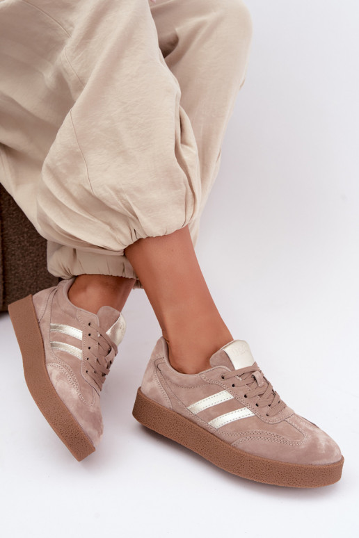 Leather women's sneakers with platform D&A LR62-7107 sand