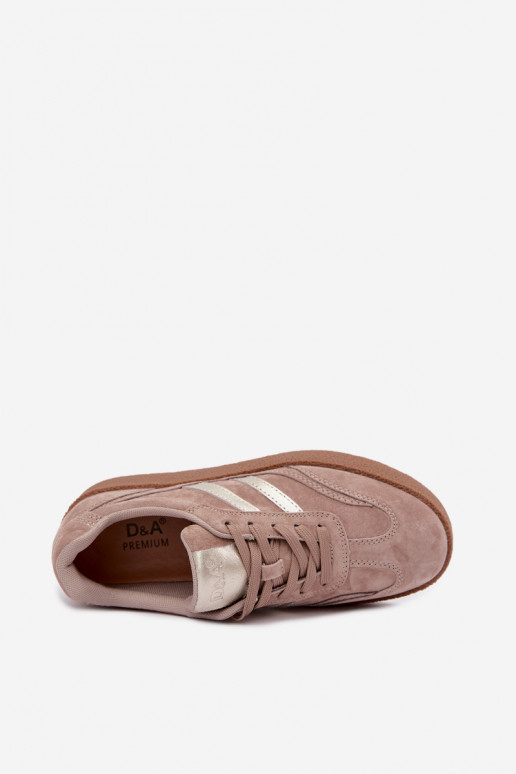 Leather women's sneakers with platform D&A LR62-7107 sand