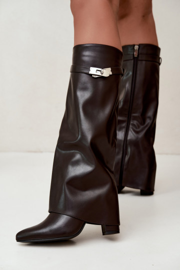 Warm women's knee-high boots with stitched shaft and heels chocolate Salia 2
