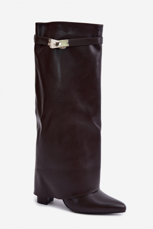 Warm women's knee-high boots with stitched shaft and heels chocolate Salia