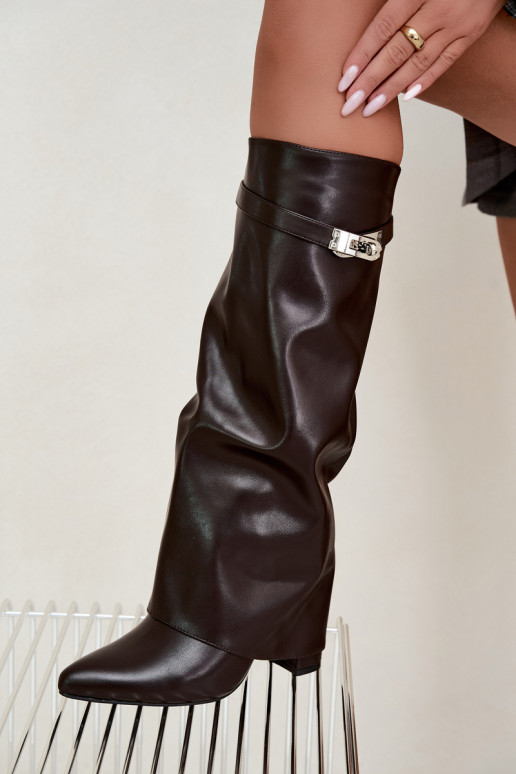 Warm women's knee-high boots with stitched shaft and heels chocolate Salia