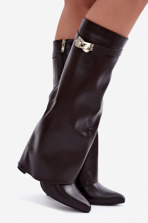 Warm women's knee-high boots with stitched shaft and heels chocolate Salia