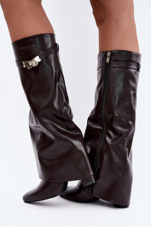Warm women's knee-high boots with stitched shaft and heels chocolate Salia