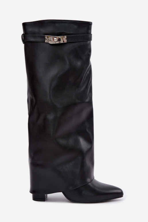 Warm women's knee-high boots with stitched shaft and heels black Salia