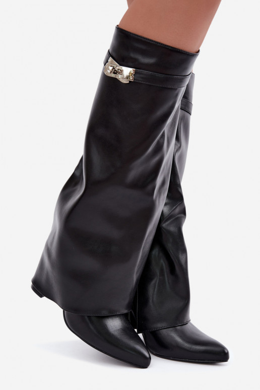 Warm women's knee-high boots with stitched shaft and heels black Salia