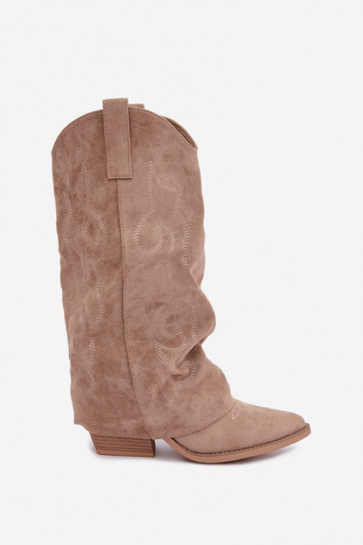 Wrinkled cowboy-style knee-high boots with heels and stitched shaft sand Ives
