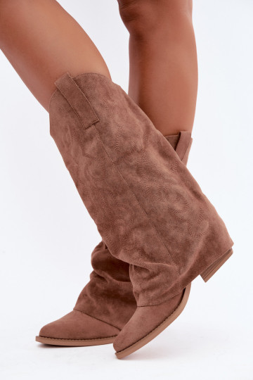 Wrinkled cowboy-style knee-high boots with heels and stitched shaft brown Ives