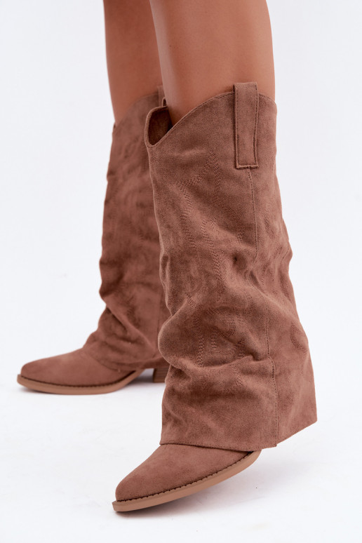 Wrinkled cowboy-style knee-high boots with heels and stitched shaft brown Ives