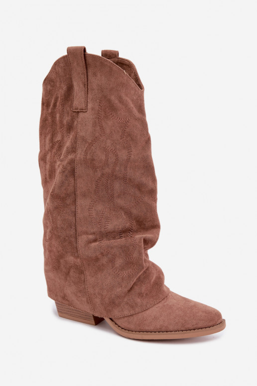 Wrinkled cowboy-style knee-high boots with heels and stitched shaft brown Ives