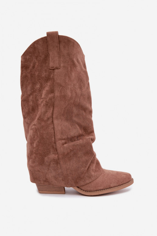 Wrinkled cowboy-style knee-high boots with heels and stitched shaft brown Ives