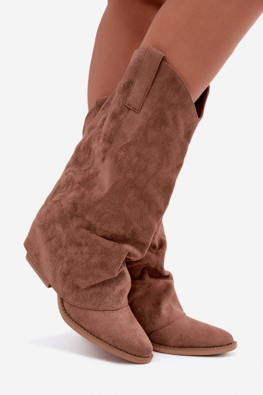 Wrinkled cowboy-style knee-high boots with heels and stitched shaft brown Ives