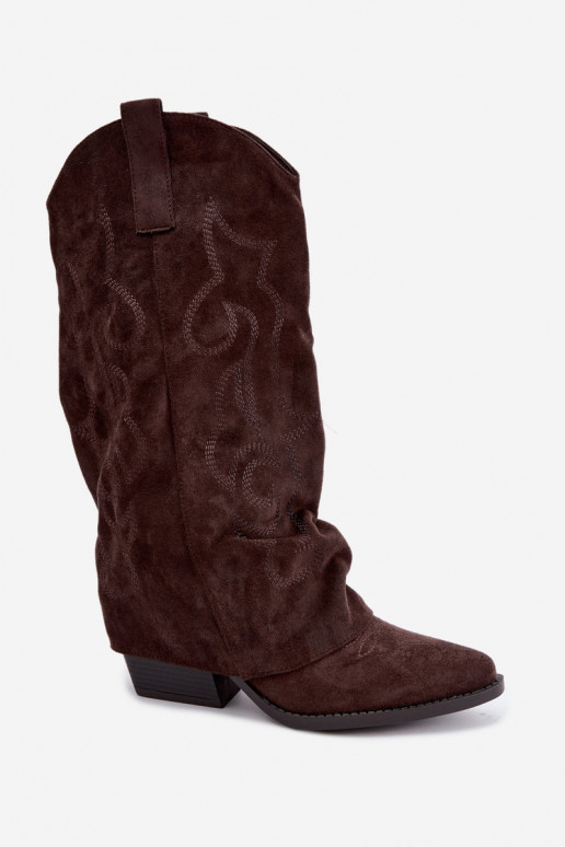 Wrinkled cowboy-style knee-high boots with heels and stitched shaft chocolate Ives