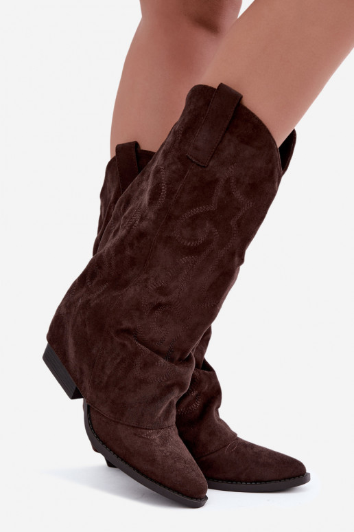 Wrinkled cowboy-style knee-high boots with heels and stitched shaft chocolate Ives