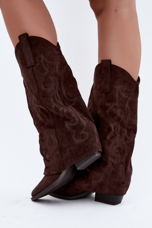 Wrinkled cowboy-style knee-high boots with heels and stitched shaft chocolate Ives