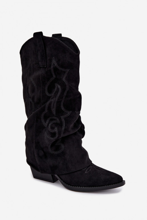 Wrinkled cowboy-style knee-high boots with heels and stitched shaft black Ives