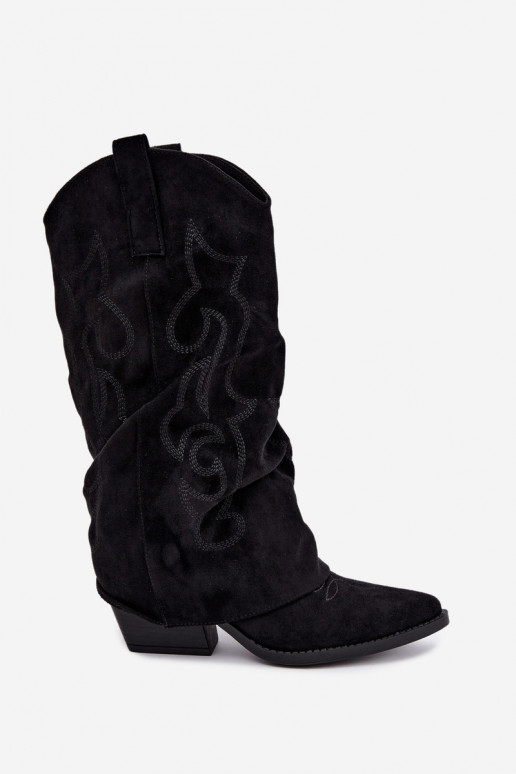 Wrinkled cowboy-style knee-high boots with heels and stitched shaft black Ives