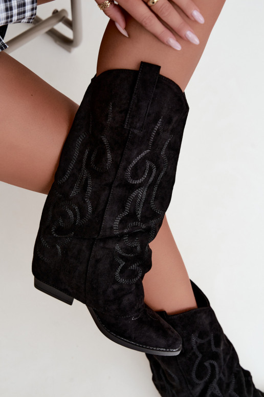 Wrinkled cowboy-style knee-high boots with heels and stitched shaft black Ives