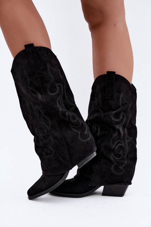 Wrinkled cowboy-style knee-high boots with heels and stitched shaft black Ives