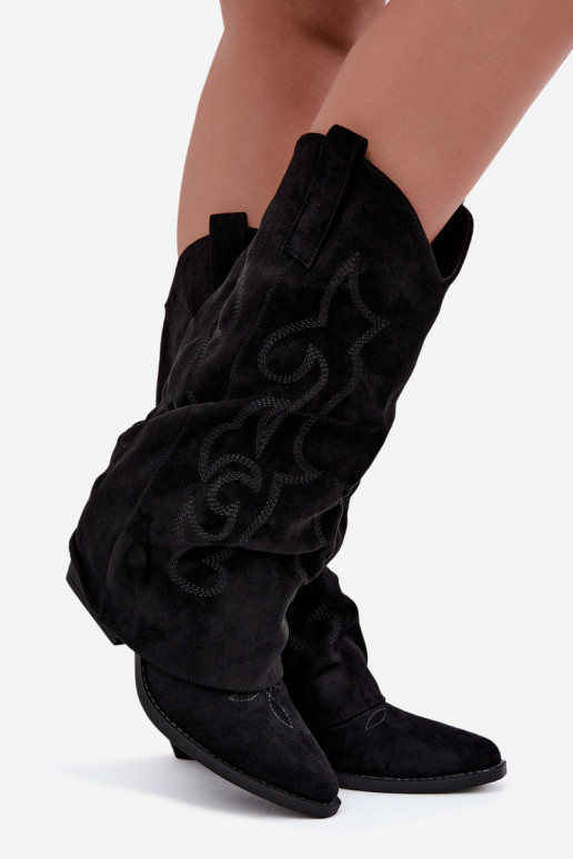 Wrinkled cowboy-style knee-high boots with heels and stitched shaft black Ives