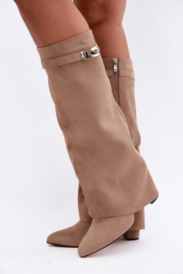 Warm women's knee-high boots with stitched shaft and heels sand Salia 2