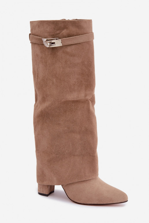 Warm women's knee-high boots with stitched shaft and heels sand Salia