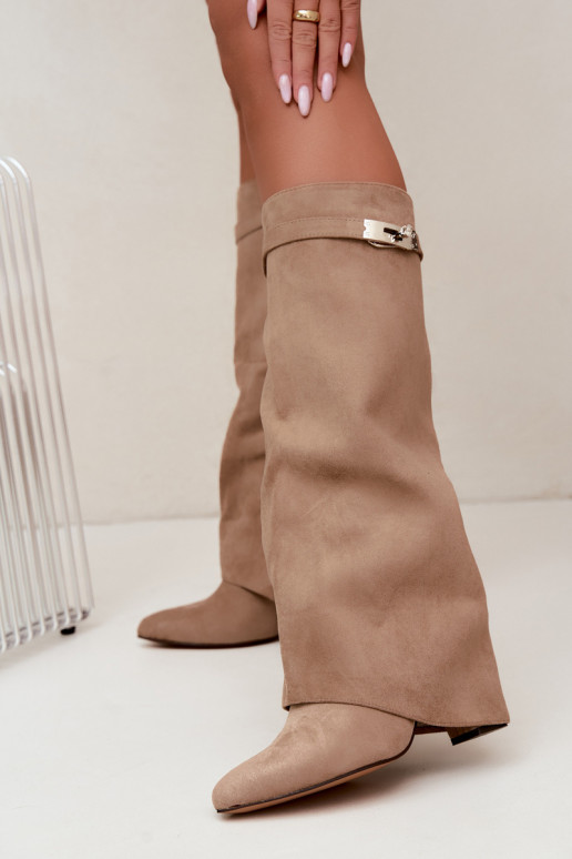 Warm women's knee-high boots with stitched shaft and heels sand Salia