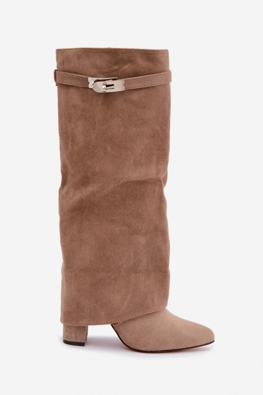 Warm women's knee-high boots with stitched shaft and heels sand Salia