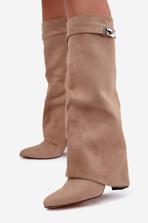 Warm women's knee-high boots with stitched shaft and heels sand Salia