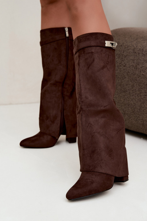 Warm women's knee-high boots with stitched shaft and heels chocolate Salia