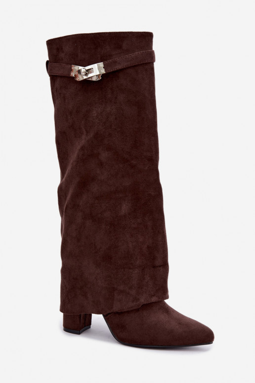 Warm women's knee-high boots with stitched shaft and heels chocolate Salia