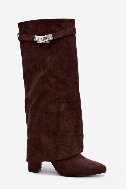 Warm women's knee-high boots with stitched shaft and heels chocolate Salia