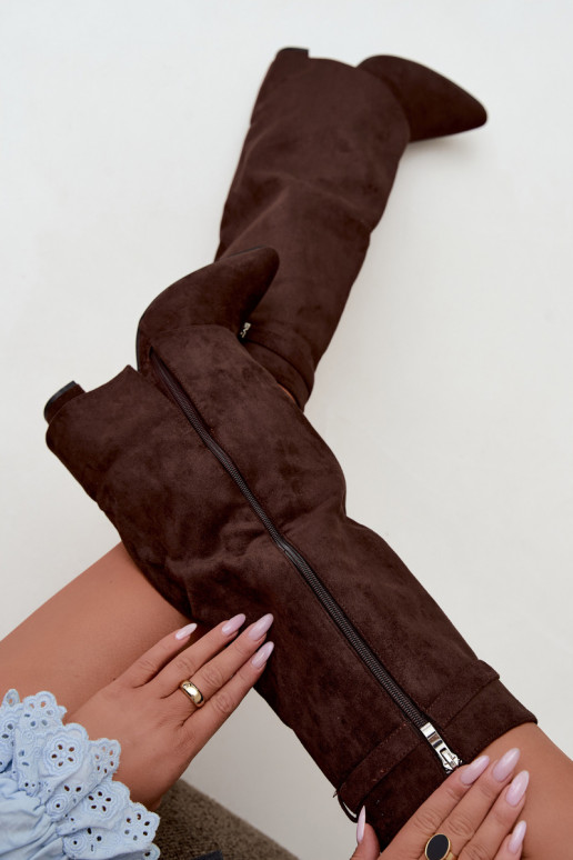 Warm women's knee-high boots with stitched shaft and heels chocolate Salia