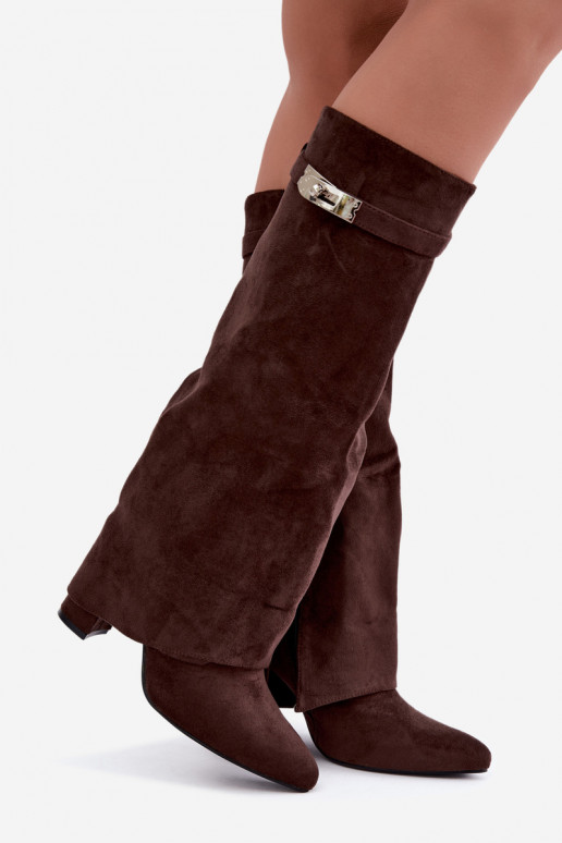 Warm women's knee-high boots with stitched shaft and heels chocolate Salia