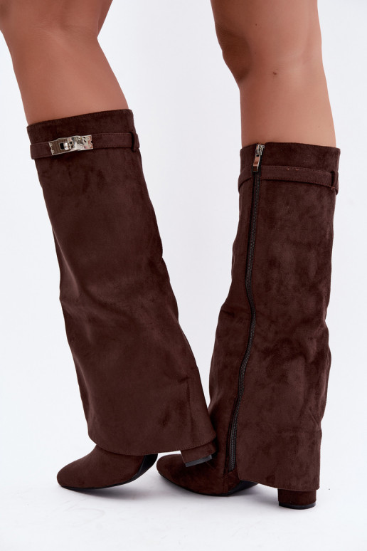 Warm women's knee-high boots with stitched shaft and heels chocolate Salia