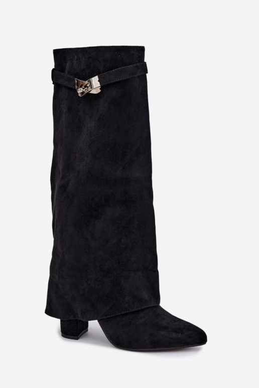 Warm women's knee-high boots with stitched shaft and heels black Salia