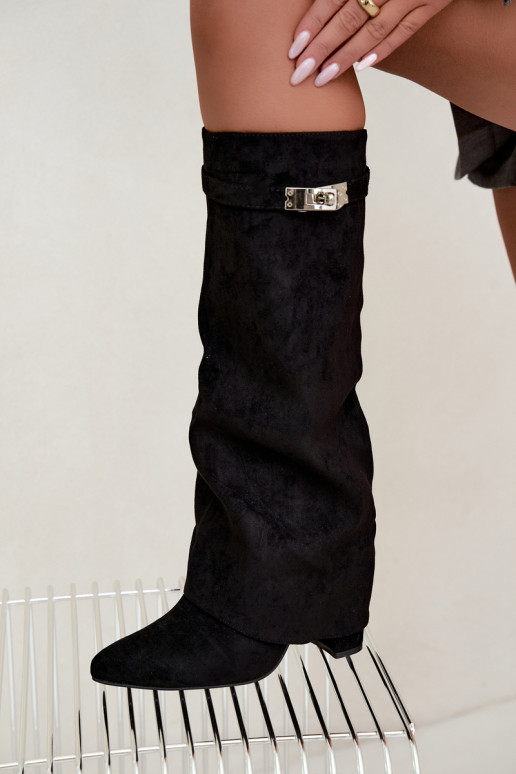 Warm women's knee-high boots with stitched shaft and heels black Salia