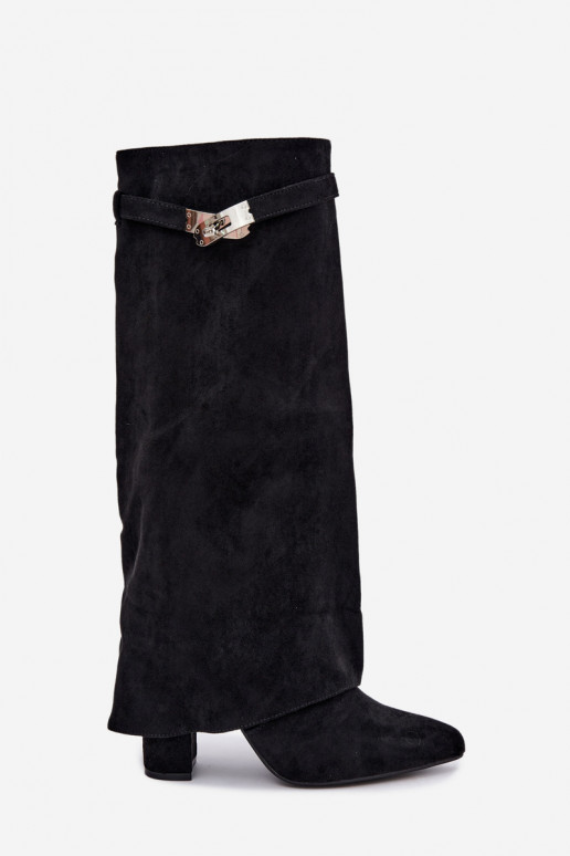 Warm women's knee-high boots with stitched shaft and heels black Salia