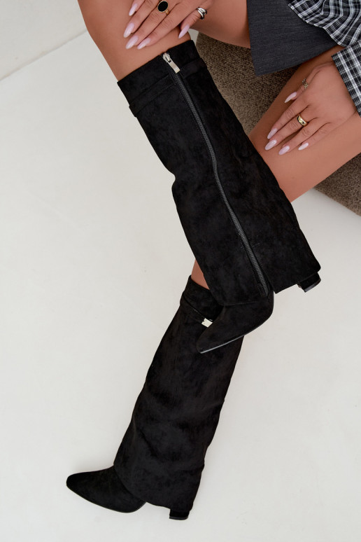 Warm women's knee-high boots with stitched shaft and heels black Salia